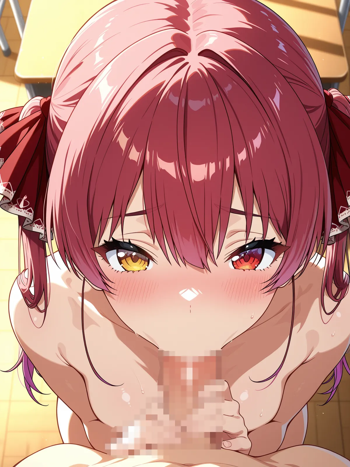 【宝鐘マリンエロ画像】ムチムチエロエロの宝鐘マリンが教室でフェラ！巨乳ブルンブルンでエロさがたまらない！ - PAGE 009