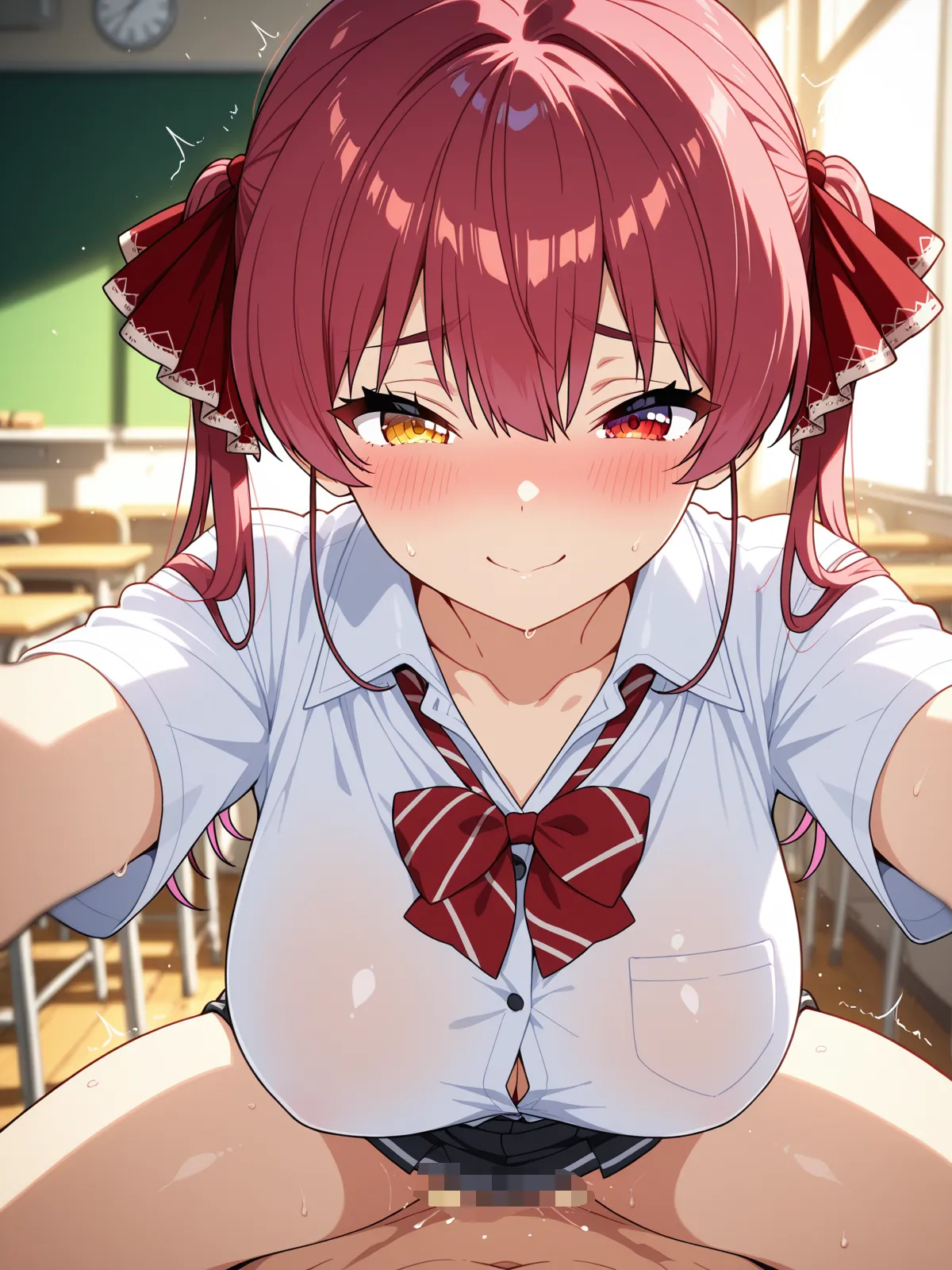 【宝鐘マリンエロ画像】ムチムチエロエロの宝鐘マリンが教室でフェラ！巨乳ブルンブルンでエロさがたまらない！ - PAGE 010