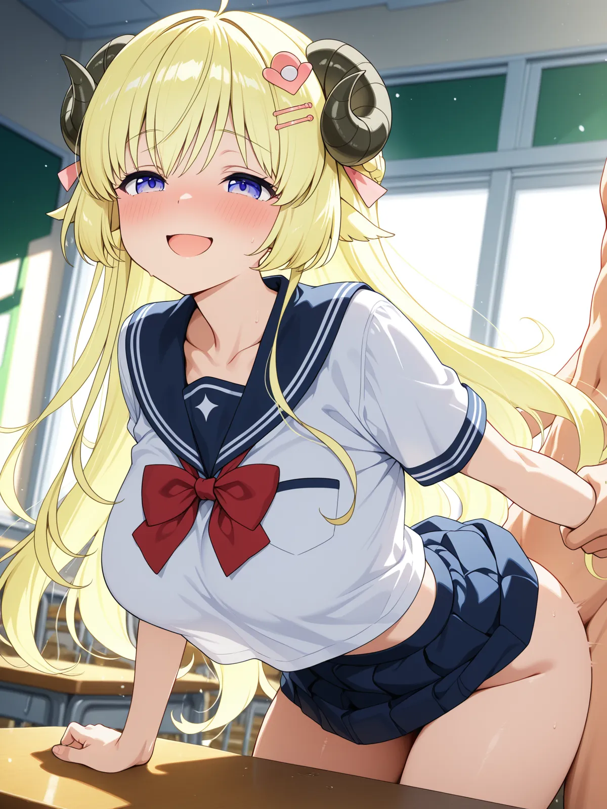 【角巻わためエロ画像】制服が可愛らしい角巻わためが教室でエッチな事を！フェラにセックスに中出しと王道展開！ - PAGE 002